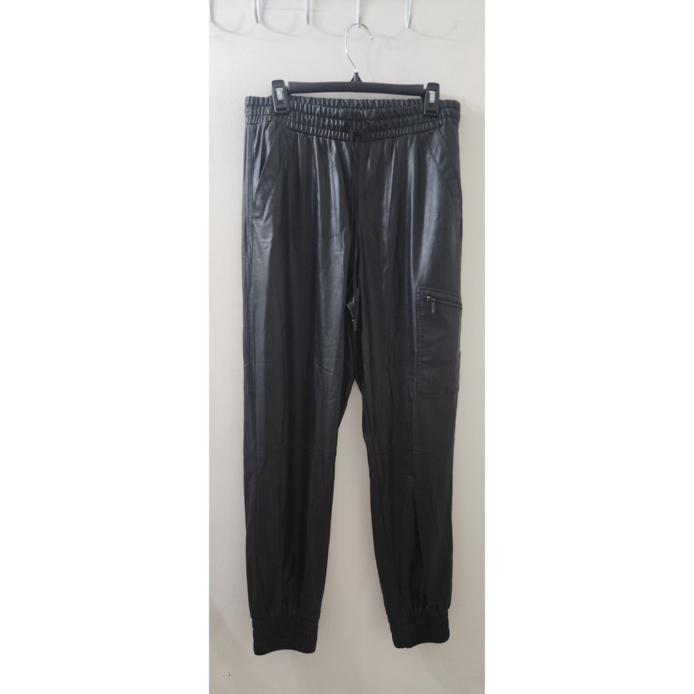Karl Lagerfeld Paris Black Faux Leather Joggers Cargo Pocket Smocked Waist M
